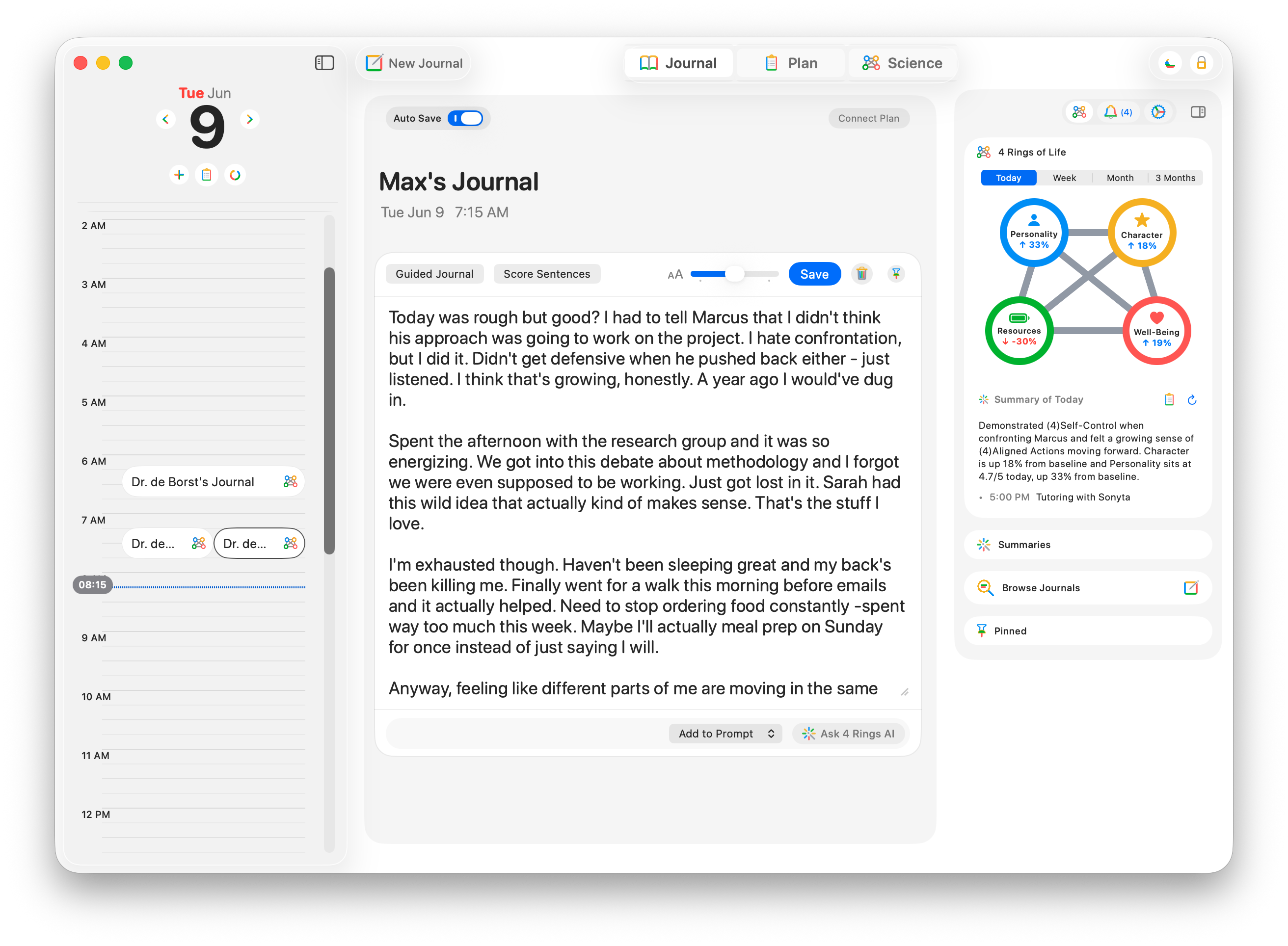 4 Rings on macOS - Max's Journal with a scored entry, the day's calendar, and the four-rings model live on the right.