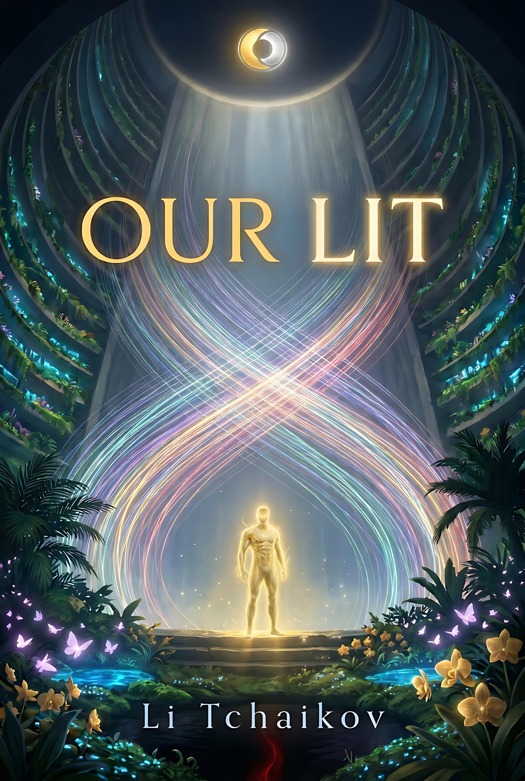 Our Lit by Li Tchaikov - book cover: a glowing golden figure in a vast vertical jungle-world, threads of coloured light crossing in an X beneath a crescent moon.