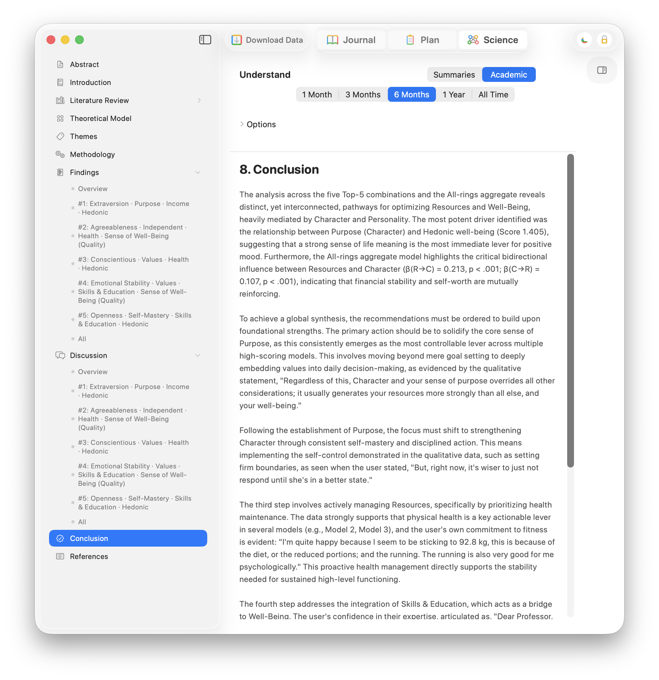 Academic Conclusion section: a full auto-generated write-up synthesising the model's findings with β coefficients and qualitative quotes from the journal.