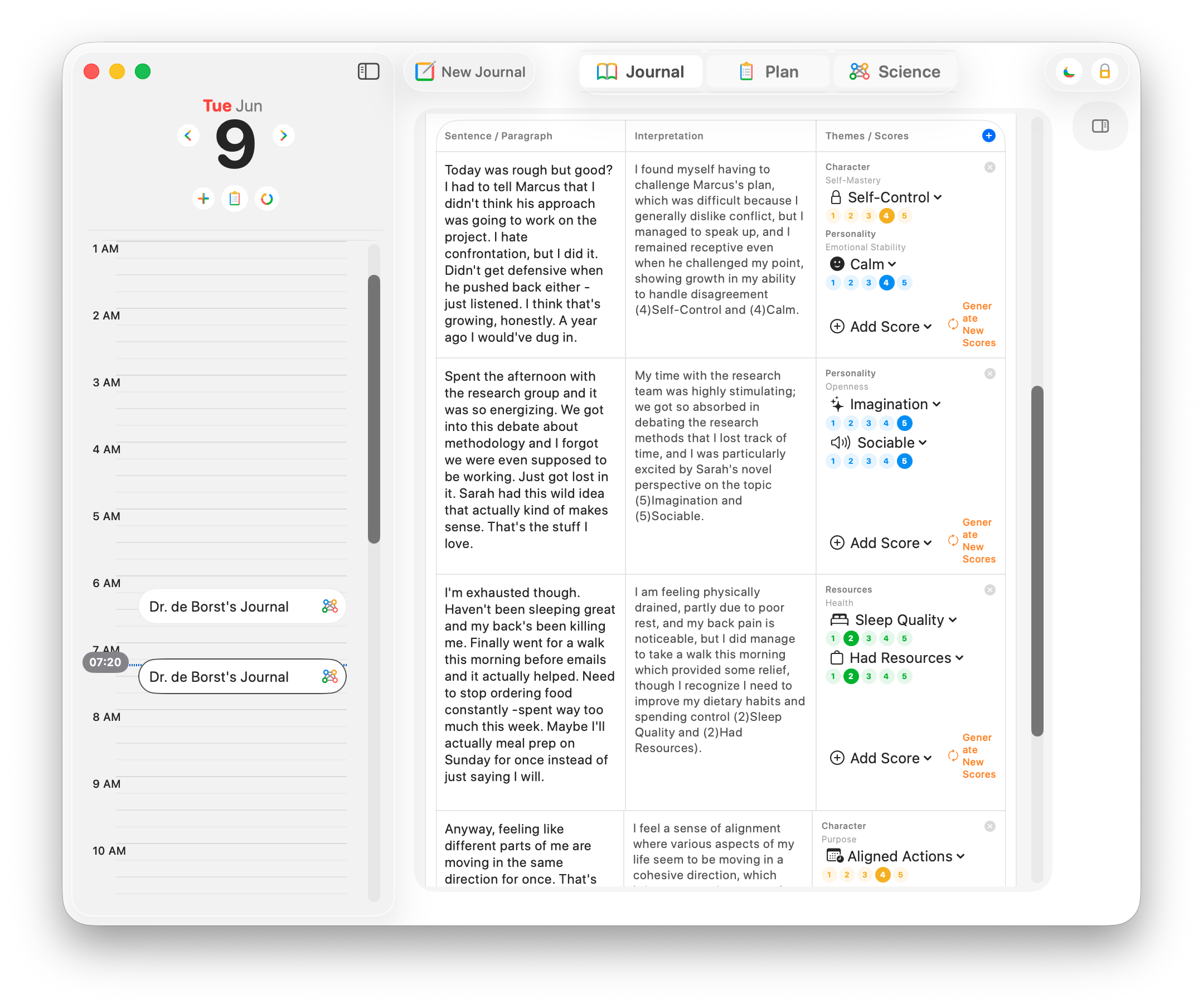 4 Rings - the Journal pane mid-scoring. Each sentence on the left has a Gemma-generated interpretation in the middle column, and proposed Personality, Character, Resources, and Well-Being scores on the right that the user clicks to confirm.