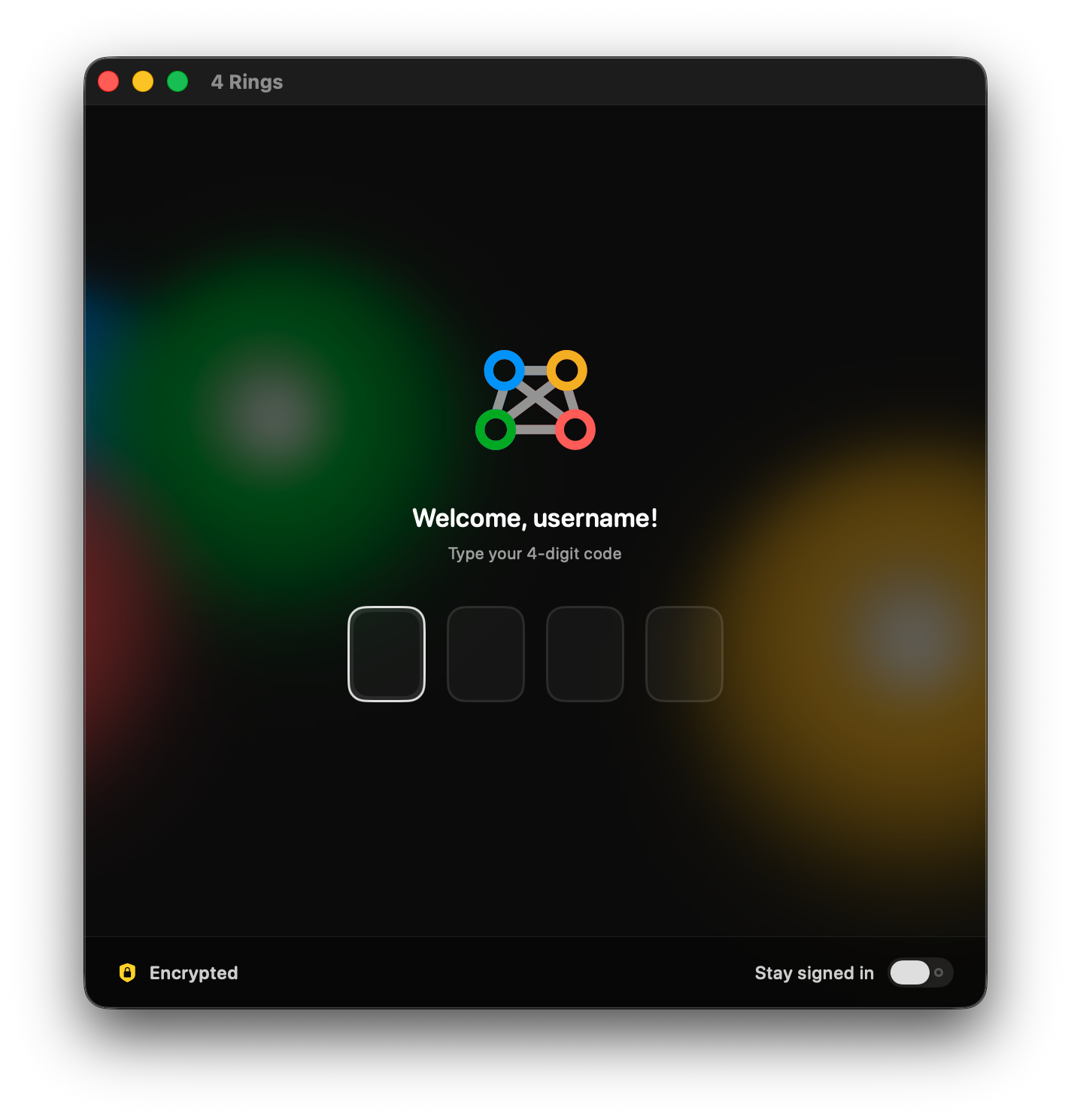 4 Rings lock screen: a macOS window showing the 4-rings glyph, an Enter Passcode keypad, an Encrypted shield in the bottom-left, and a Stay-signed-in toggle in the bottom-right.